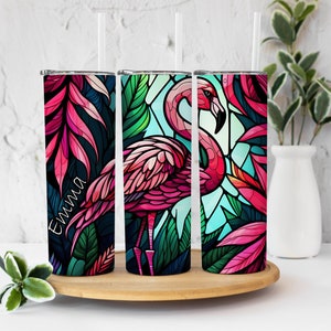 Stained Glass Pink Flamingo Tumbler, Personalized Tumbler, Gift For Her, Gift for Mom, 20oz Tumbler