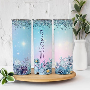 Blue Glitter Floral Tumbler, Personalized Tumbler, Gift for mom, Gift for Her, Floral Tumbler, 20oz Tumbler