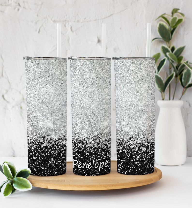 Black and Silver Glitter Tumbler, Personalized Tumbler, Gift for Her