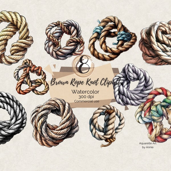 Watercolor Nautical Rope Knot Clipart, Brown Rope Knot decorated Clipart, Brown Rope Ocean Clipart, Ocean Clipart, Nautical PNG