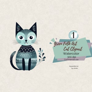Arte popolare salvia gatto clipart, carino gatto verde clipart, arte popolare clipart, carino vivaio gattino clipart, gatto di arte popolare scandinava, gatto verde PNG