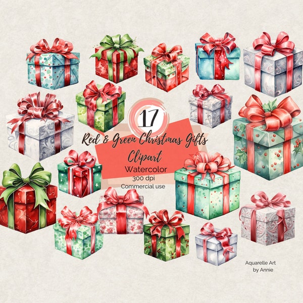 Watercolor Christmas Gifts Clipart, Christmas Presents Clipart, Xmas Wrapped Gifts Red and Green, Stockings Clipart, Merry Christmas PNG