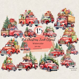 Watercolor Christmas Truck Clipart, Christmas Truck Clipart,  Car with gifts, Vintage Red Truck Clipart, Merry Christmas PNG