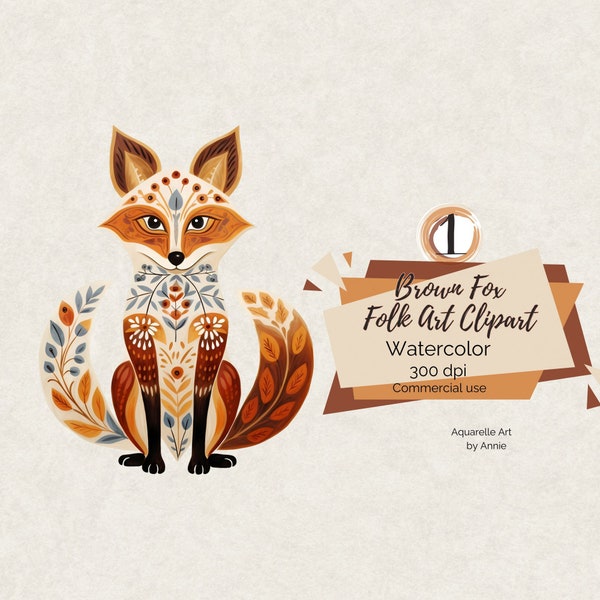 Watercolor Folk Art Brown Fox Clipart, Brown Fox Clipart, Folk Art Clipart, Decorated Wolff Clipart, Neutral Nursery , Brown Folk Art PNG