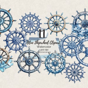 Wasserfarbe nautisches Schiffsrad Clipart, Blaues Schiffsrad dekoriert Clipart, Blaues Schiffsrad Ozean Clipart, Ozean Clipart, Nautische PNG