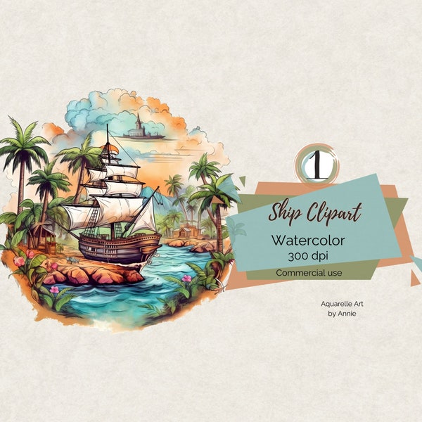 Watercolor Nautical Ship Clipart, Island Boat decorated Clipart, Island Ocean Clipart, Ocean Clipart, Nautical PNG