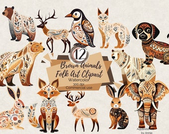 Aquarel volkskunst bruin clipart, bruin dier clipart, volkskunst clipart, ingerichte clipart, neutrale kwekerij, bruin volkskunst PNG