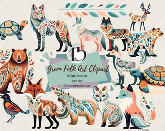 Aquarel volkskunst groene clipart, schattige groene clipart, kinderkamer clipart, schattig ingerichte brear clipart, neutrale kwekerij, groene volkskunst PNG
