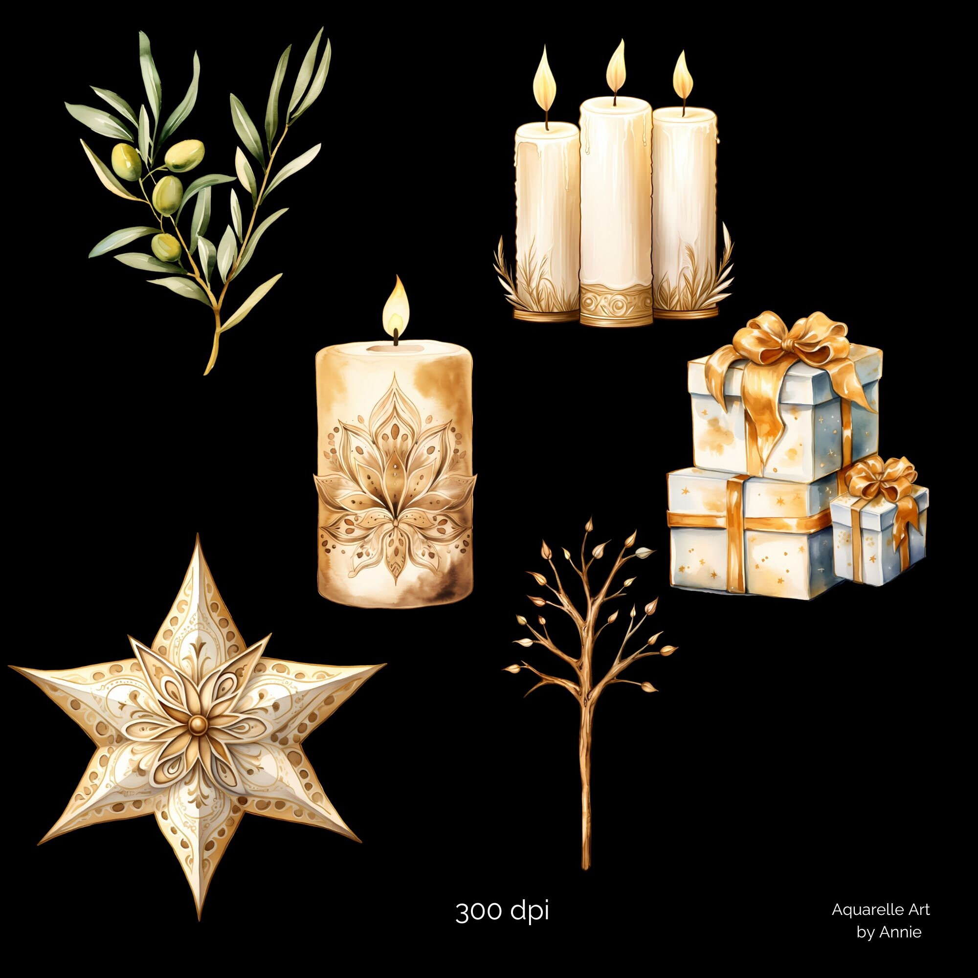 Watercolor Christmas Gold Clipart, Cute Christmas Gold Star Clipart ...