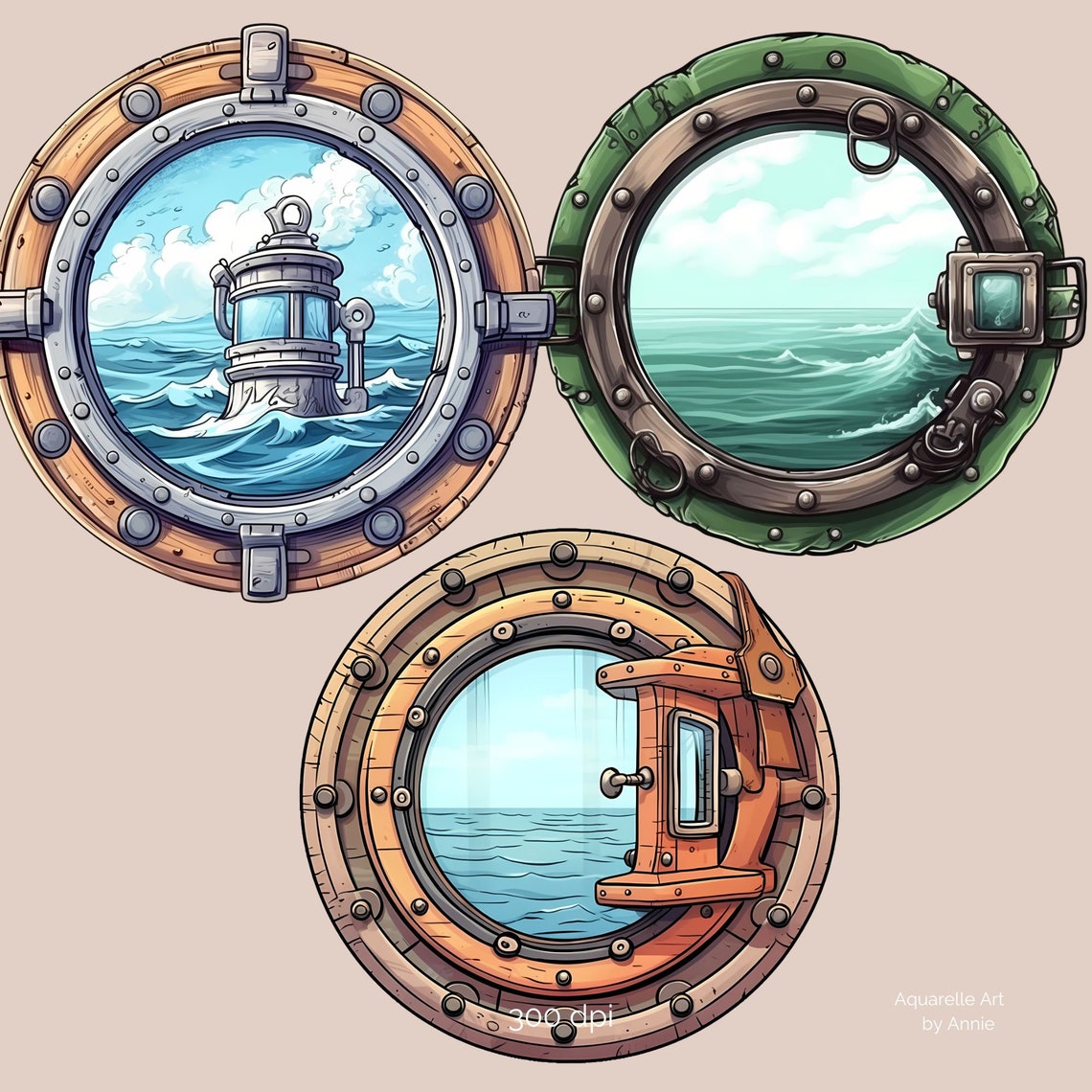 Watercolor Ocean Porthole Clipart, Porthole Decorated Clipart, Nautical ...