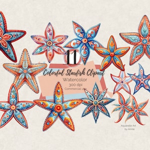 Watercolor Nautical Starfish Clipart, Colorful Starfish decorated Clipart, Colorful Ocean Clipart, Ocean Clipart, Nautical PNG
