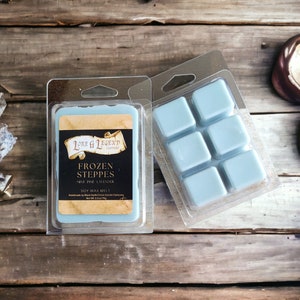 May include: A blue soy wax melt in a clear plastic container. The melt is labeled "Frozen Steppes" with the scent "Mint Pine Lavender". The label also says "Lore & Legend Candles".