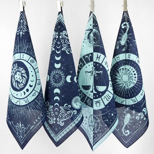 Einzigartige Leo Jungfrau Waage Skorpion Sternzeichen Baumwolle Bandana Exklusives Design Blauer quadratischer Schal Sonne Mond Sterne Karte Horoskope Tarot Geburtstagsgeschenk