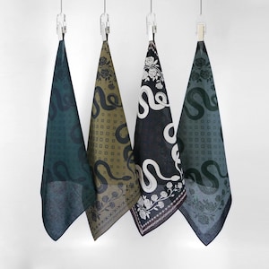 Black White Snake Rose Steampunk Bandana 100% Cotton Vintage Neckerchief Exclusive Design Dark Blue Gothic Square Scarf Gift for Him