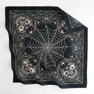 Halloween Belige Black Bandana with Spider Skulls – Gothic 100% Cotton Headscarf, Spooky Festival Wrap, Alternative Dark Gift for Her