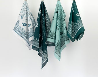 Seaside Green Ornamental Bandana Unique 100% Cotton Ocean Blue Floral Bandana Teal White Square Scarf Birthday Gift Vintage Neckerchief