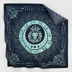 Pañuelo azul medianoche Leo 100% algodón, bufanda del zodiaco, Sol, Luna, Estrella, Horóscopos, Tarot, Virgo, Libra, Escorpio, Índigo, diseño exclusivo, regalo de cumpleaños