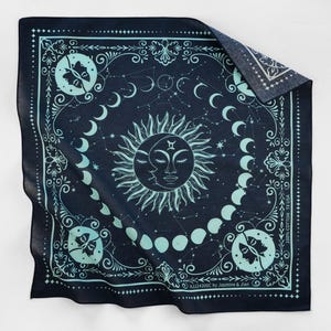 Pañuelo cuadrado de algodón con diseño exclusivo de Géminis, con diseño de estrella del sol y la luna, para cumpleaños y horóscopos, color azul marino