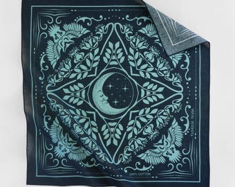 Blue Moon Black Night Owl Bandana Original Design Cotton Handkerchief Gothic Nocturnal Bird Square Scarf Unique Steampunk Neckerchief Gift