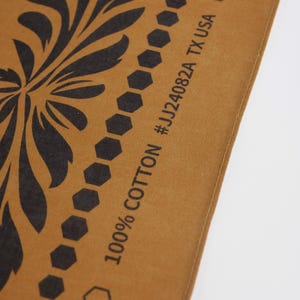 May include: Close-up of a brown fabric with a black floral design and a black border of hexagons. The fabric has the text "100% COTTON #JJ24082A TX USA" printed on it.
