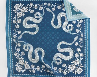 Blue Gothic Snake Rose FloraL 100% Cotton Bandana Winter Icy Blue Square Scarf Exclusive Designed Vintage Steampunk Neckerchief Gift for Him