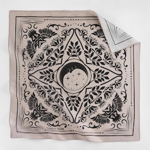 Beige Black Moon Night Owl Gothic Bandana Original Design Cotton Handkerchief Nocturnal Bird Earthy Scarf Unique Steampunk Neckerchief Gift