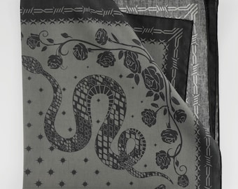 Dark Gothic Snake 100% Cotton Bandana Exclusive Black Grey Floral Serpent Square Scarf Exclusive Designed Vintage Steampunk Neckerchief Gift