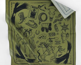 Moss Green Vintage Cowboy Cotton Voile Bandana Western Rodeo Themed Neck Scarf