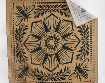 Exclusively Designed Bumblebee Botanical Bandana 100% Cotton Golden Brown Honeybee Handkerchief Gift for Nature Lovers Beekeepers