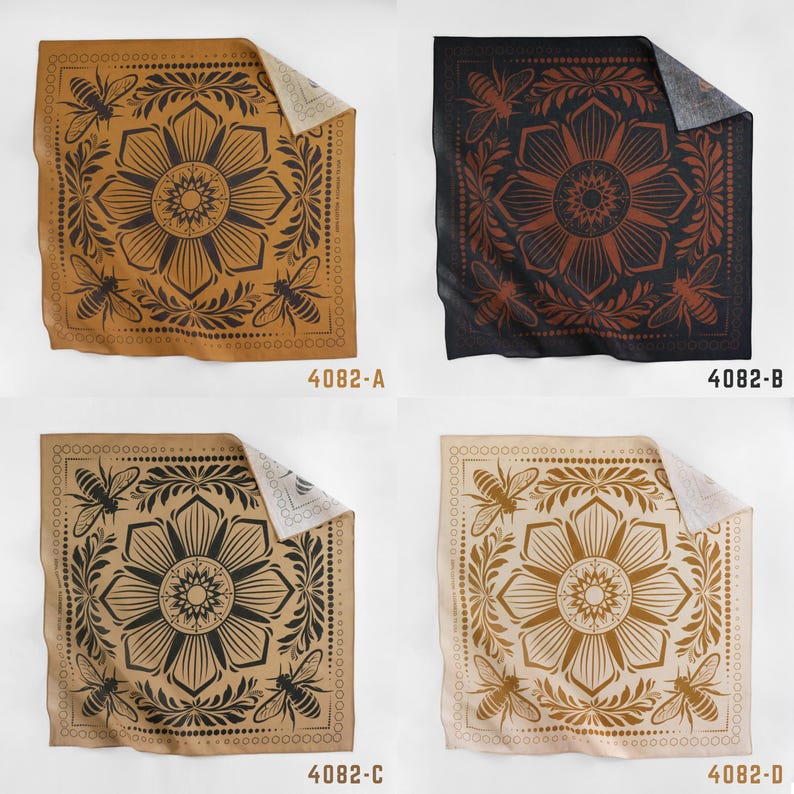 May include: Four square bandanas with a floral design featuring bees and leaves. The bandanas are in four different color combinations: brown and gold, black and brown, beige and black, and beige and gold.
