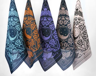 Moon Night Owl Bandana Original Design 100% Cotton Handkerchief Gothic Nocturnal Bird Square Scarf Unique Steampunk Neckerchief Gift
