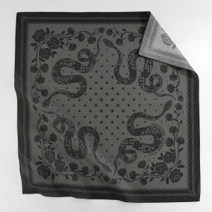 Black Grey Gothic Snake 100% Cotton Bandana Exclusive Floral Serpent Square Scarf Exclusive Designed Vintage Steampunk Neckerchief Gift