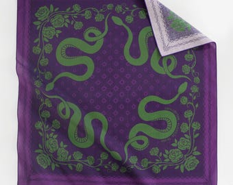 Purple Green Floral Snake Unique 100% Cotton Gothic Bandana Rose Square Scarf Exclusive Designed Vintage Steampunk Neckerchief Gift for Him