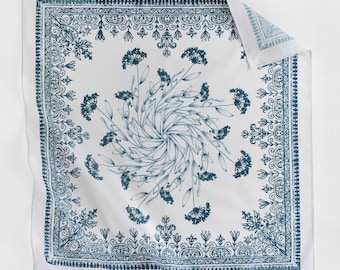 Pañuelo azul marino exclusivo, 100 % algodón, pañuelo floral verde mar, pañuelo cuadrado blanco y verde azulado ornamental, regalo de cumpleaños, pañuelo vintage