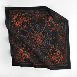 Autumn Orange Spider Skull Bandana, Spooky Gothic 100% Cotton Scarf, Halloween Hair Wrap, Dark Festival Accessory, Unique Alternative Gift
