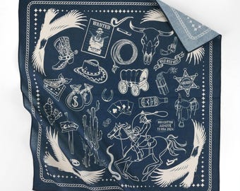 Navy Blue Off White Cowboy Eagle Horse Cotton Voile Bandana Unisex Western Rodeo Themed Neck Scarf
