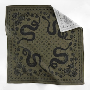 Army Green Gothic Snake Floral Unique 100% Cotton Bandana Rose Square Scarf Exclusive Designed Vintage Steampunk Neckerchief Gift for Him
