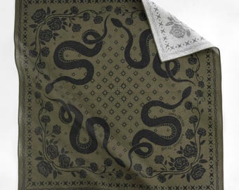 Army Green Gothic Snake Floral Unique 100% Cotton Bandana Rose Square Scarf Exclusive Designed Vintage Steampunk Neckerchief Gift for Him