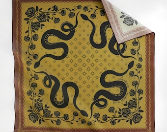 Earthy Red Yellow Snake Bandana Gothic Floral Unique 100% Cotton Bandana Square Scarf Exclusive Designed Vintage Steampunk Neckerchief Gift