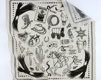 Off White Vintage Cowboy Eagle Cotton Voile Bandana Unisex Western Rodeo Themed Neck Scarf