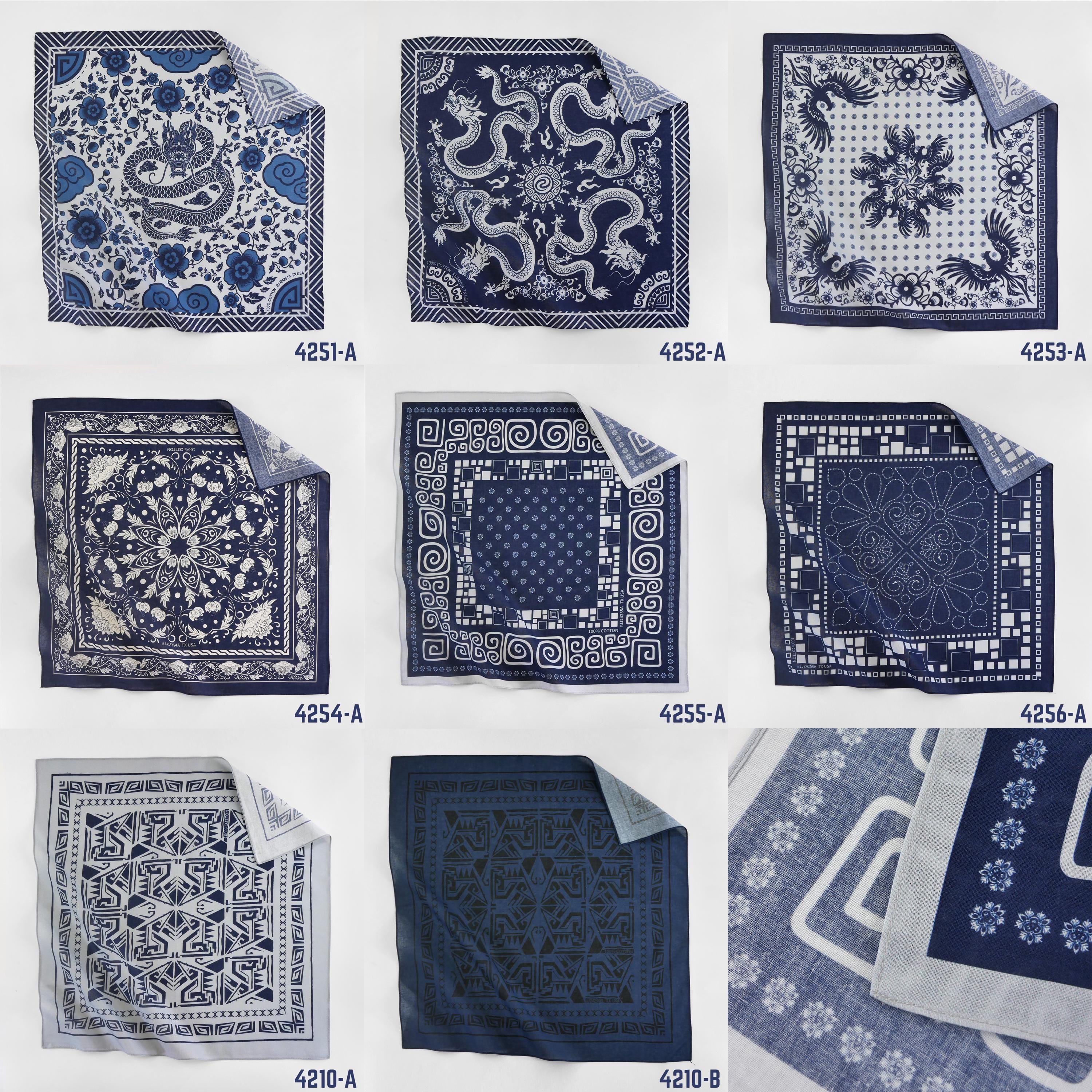 Pottery Blue Asian Dragon 100% Cotton Botanical Folklore Bandana