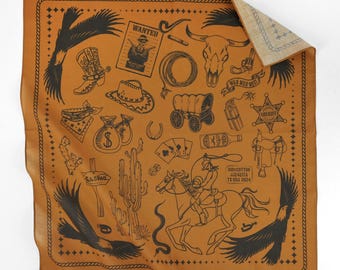 Mustard Brown Vintage Cowboy Eagle Cotton Voile Bandana Unisex Western Rodeo Themed Neck Scarf