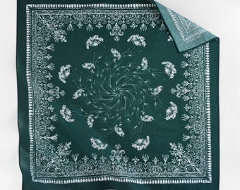 Bufanda azul de diseño exclusivo, 100 % algodón, pañuelo floral verde mar, bufanda cuadrada blanca y verde azulado, regalo de cumpleaños, pañuelo vintage