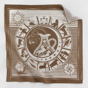 Pañuelo cuadrado de algodón color marrón terroso para el signo del zodiaco Acuario, con el Sol, la Luna y el mapa estelar, regalo de cumpleaños para Sagitario, Capricornio y Piscis.