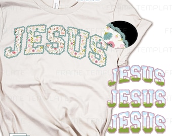 Modèle de cadre de police Jesus Preppy Lace Patchwork Canva : Alphabet sportif universitaire rétro chrétien PNG.