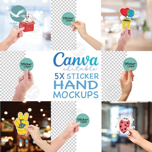 Bundle Sticker Mockup Transparent Background Canva Editable, Hand Holding Sticker Shop Branding Mockup, Drag and Drop Your Picture Frame