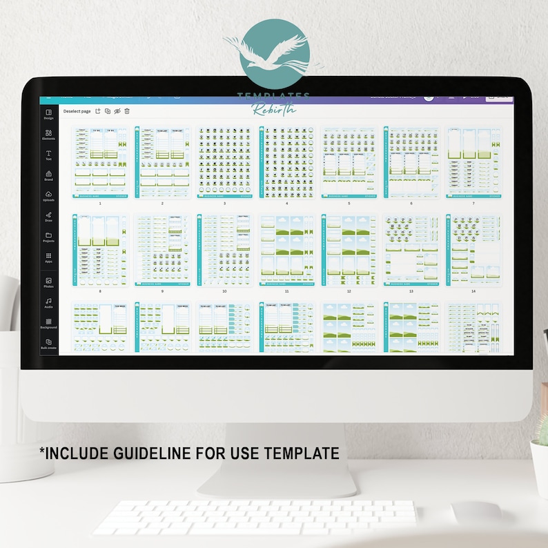 May include: A computer screen displaying a digital planner template with various sections and icons. The template features a green and blue color scheme with a nature-inspired theme. The text "TEMPLATES Rebirth" is visible at the top of the screen.