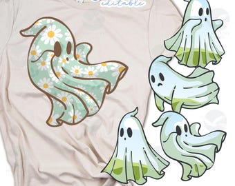 May include: Beige t-shirt with a large ghost graphic featuring a daisy pattern in light green and white. Additional ghost illustrations in various poses are displayed on the right. The text "SIMPLE GHOST PICTURE FRAME" is at the bottom.