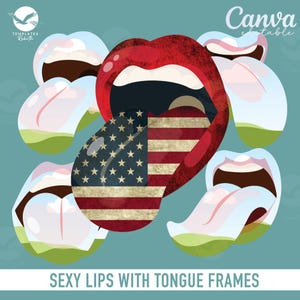 May include: A set of five digital frames featuring red lips with a tongue sticking out. The tongue in the center frame is an American flag. The frames are perfect for adding a fun and playful touch to your photos.
