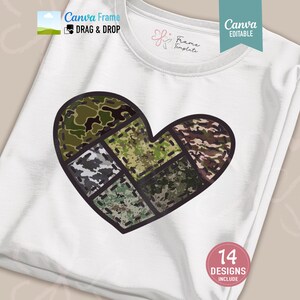 May include: A white t-shirt featuring a large heart graphic composed of various camouflage pattern segments outlined in black with dashed stitch details. The design includes text labels Canva Frame Drag & Drop and Canva Editable.